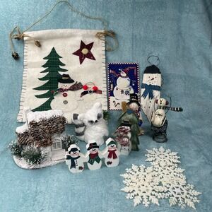 Lot 14 Snowman Winter Decor Ornaments Figurines Wall Hanging Wood Resin Xmas VTG